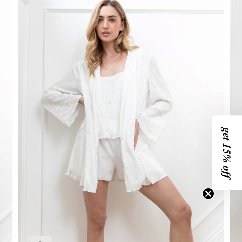 Women's White Textured 3-Piece Lounge Set with Open Robe